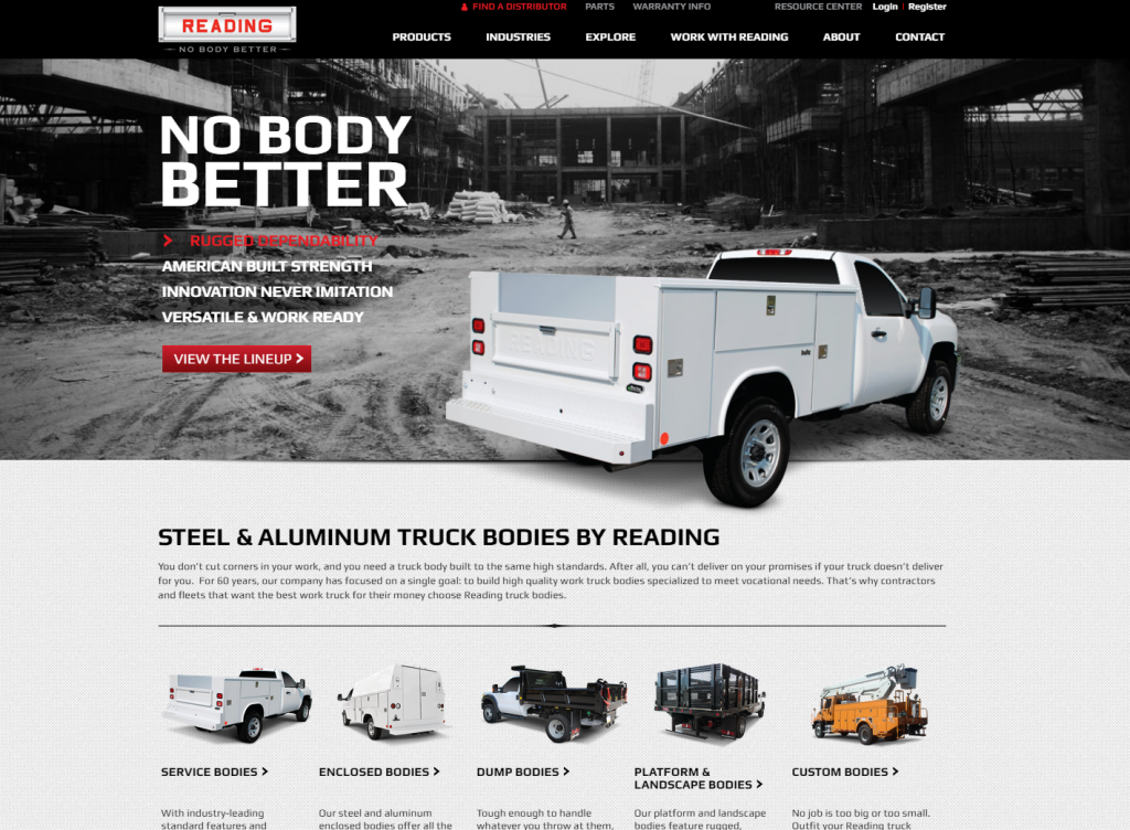 Screenshot of the new Reading Truck Body homepage