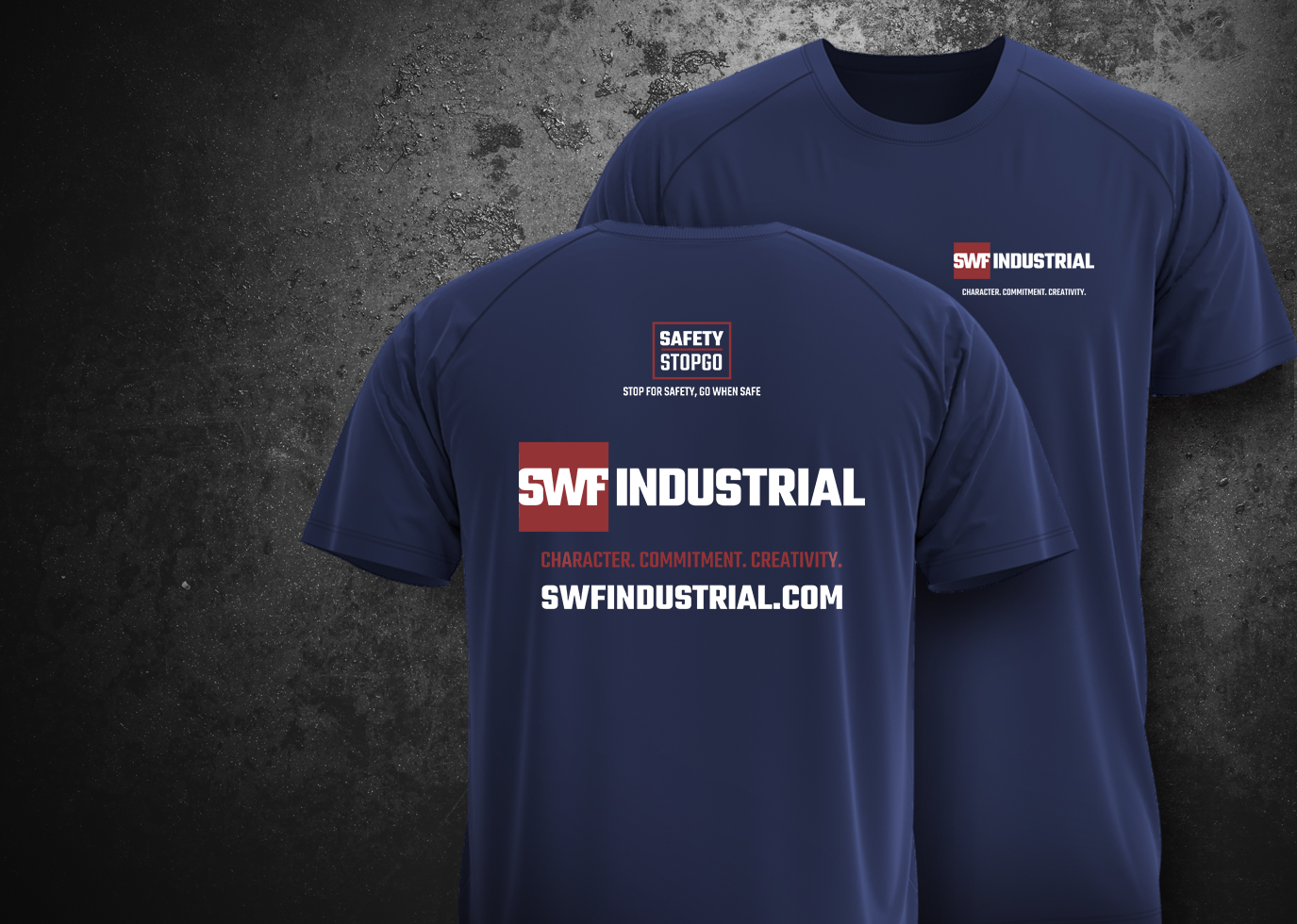 SWF Industrial Tee Shirt designs as created by Synapse Marketing in blue on grey marbled background with SWF logo