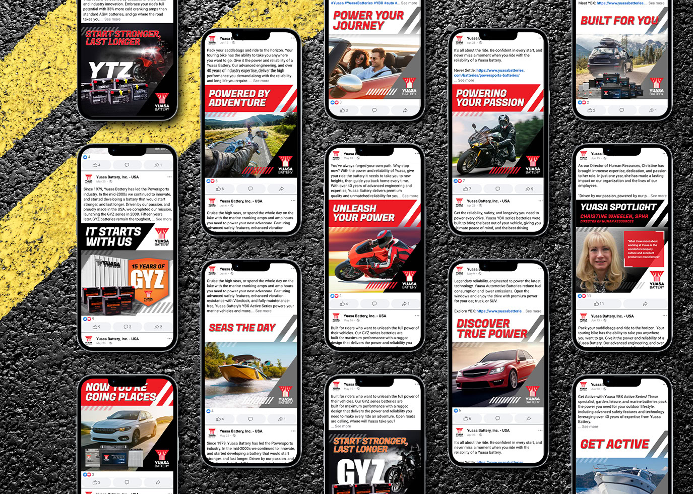 Yuasa Automotive Social Posts on I Phone screens